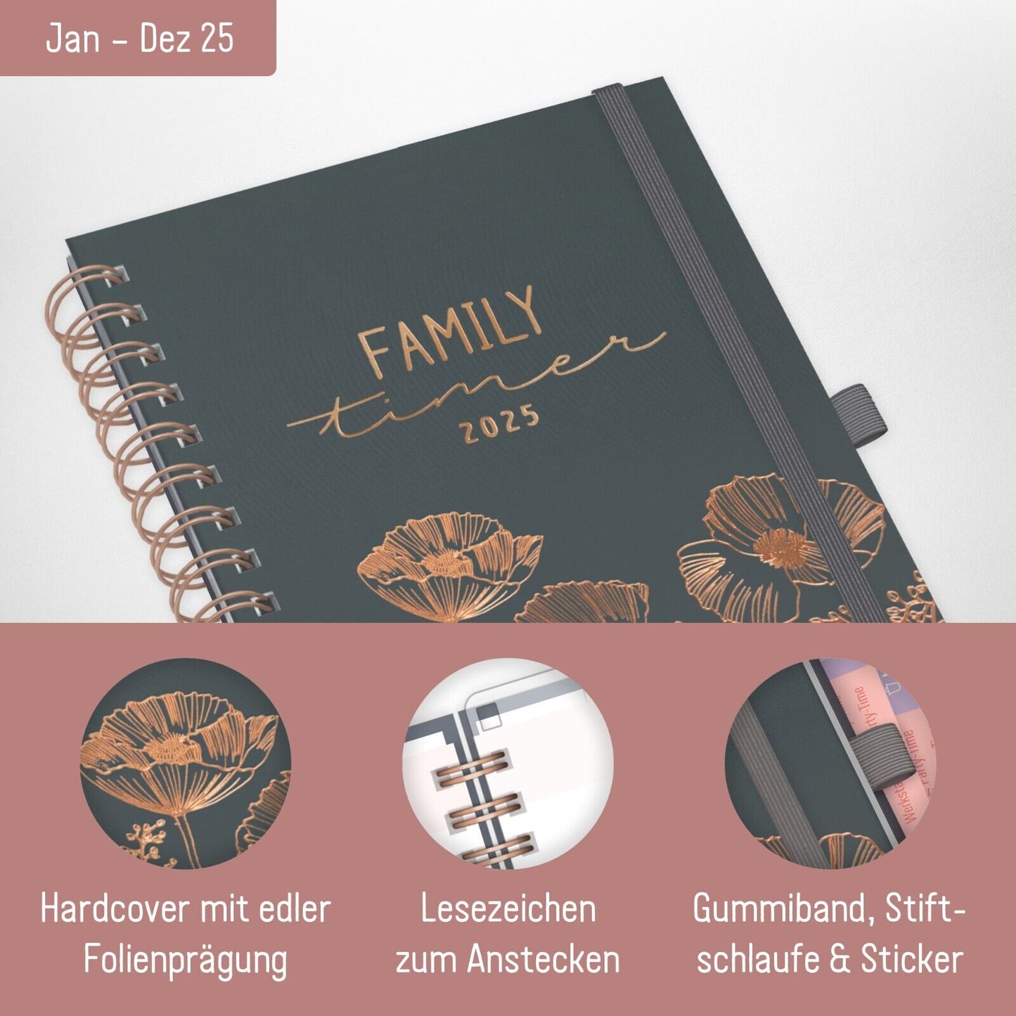 Family-Timer 2025 Deluxe A5+ / 12 Monate / Poppy / vom Häfft-Verlag