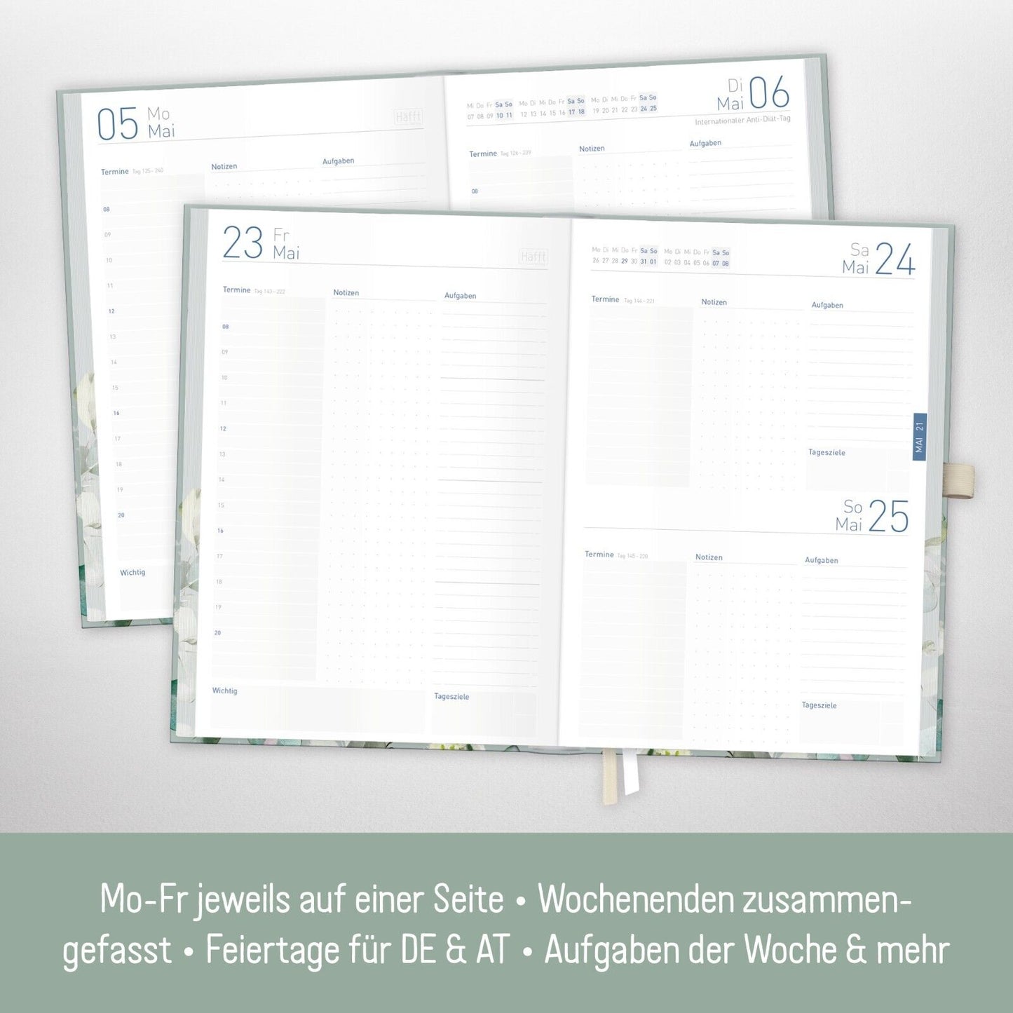 Organizer Day by Day Deluxe 2025 / 12 Monate / Minty Leaves / Häfft-Verlag