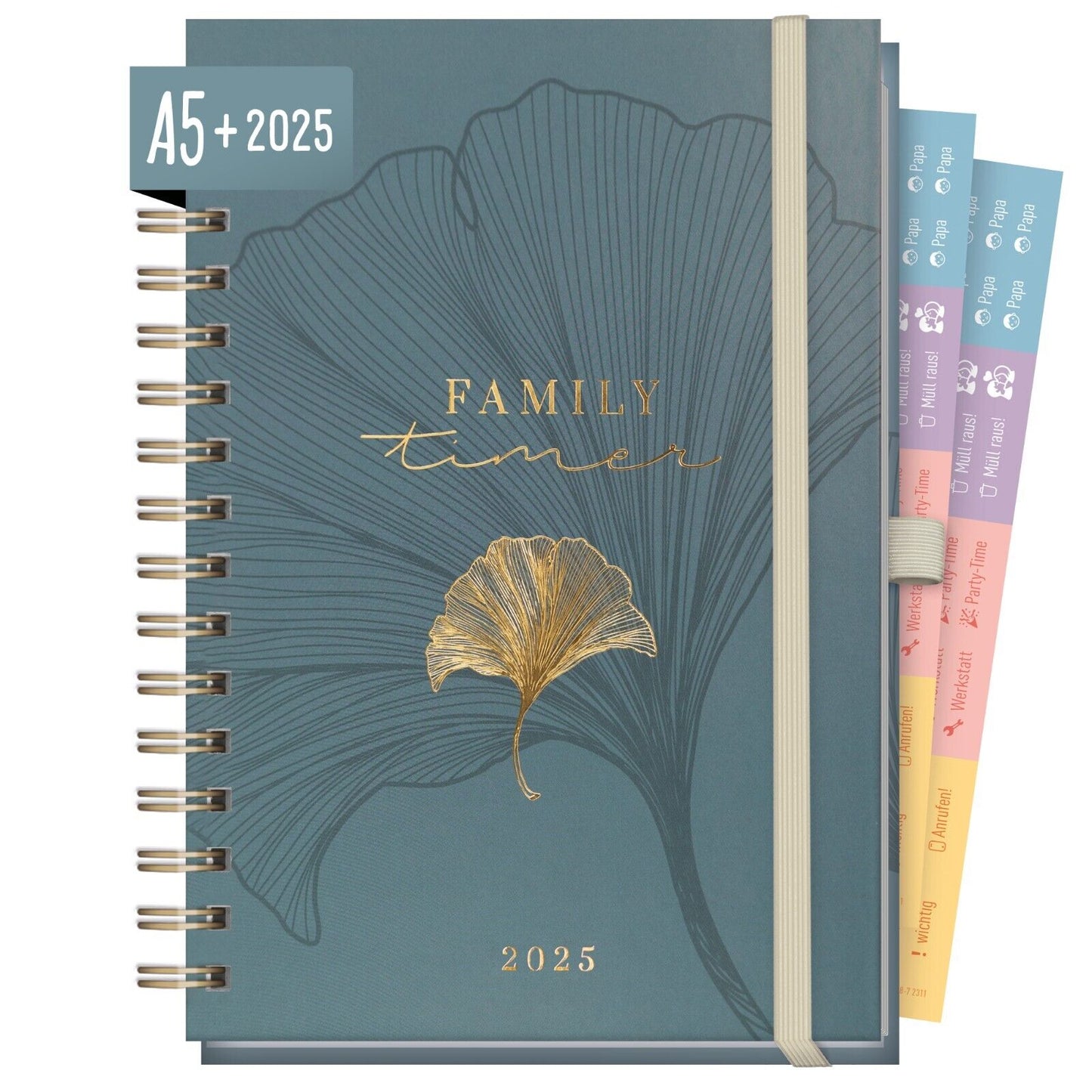 Family-Timer 2025 Deluxe A5+ / 12 Monate / Blue Ginkgo / vom Häfft-Verlag