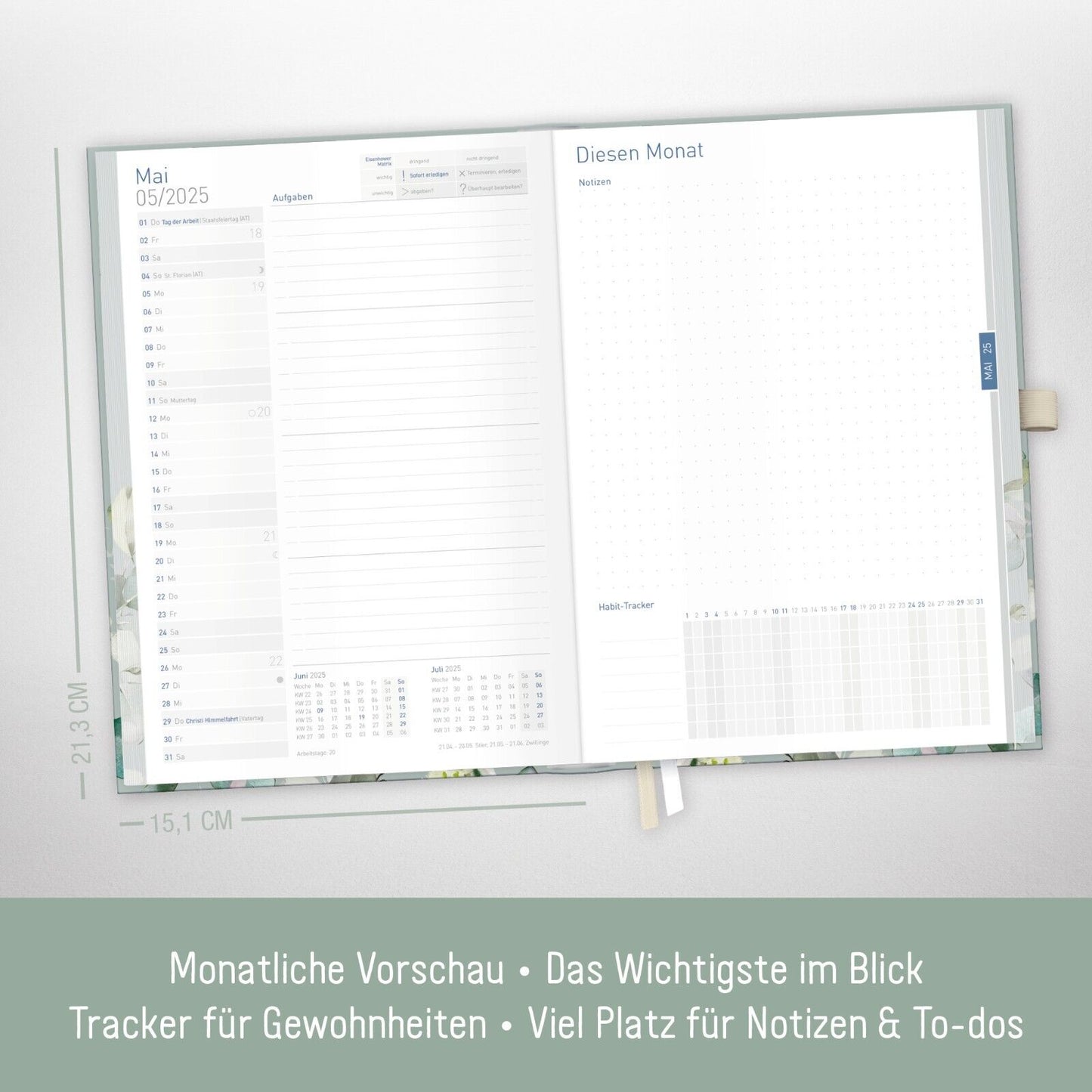 Organizer Day by Day Deluxe 2025 / 12 Monate / Minty Leaves / Häfft-Verlag