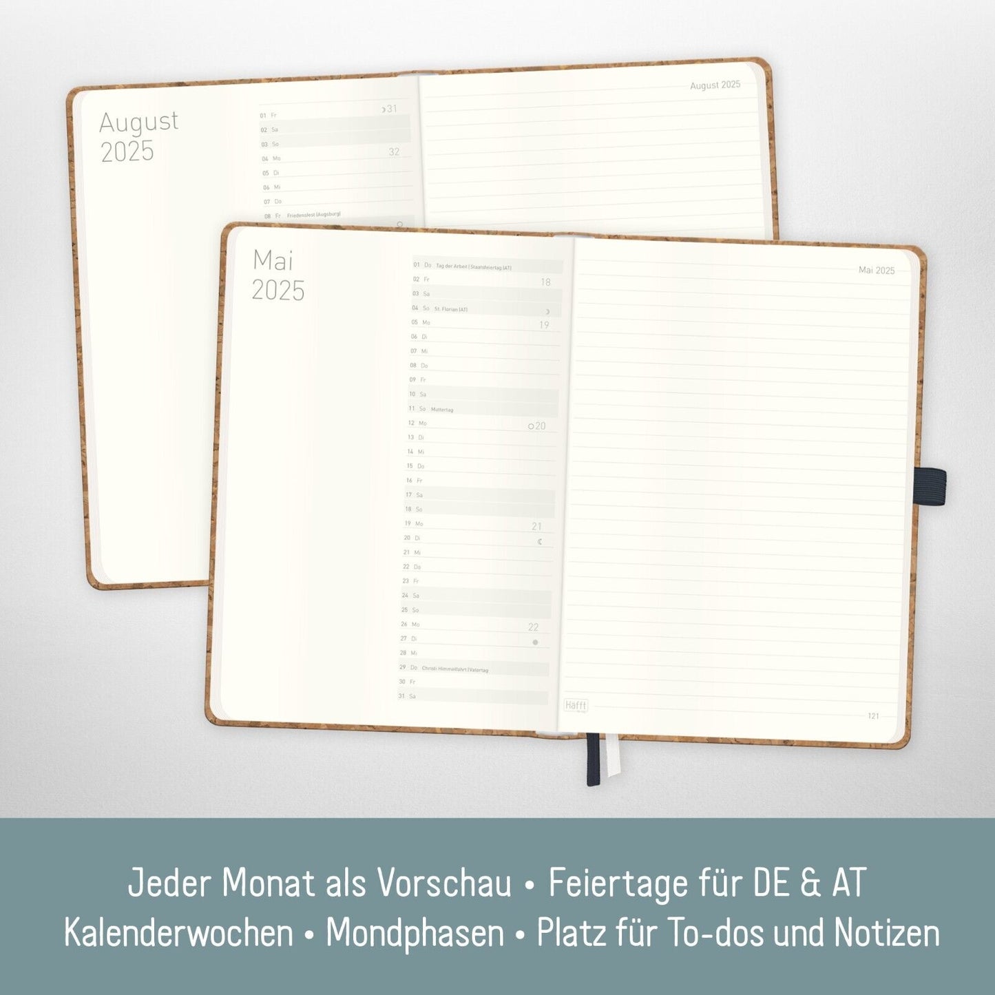 Wochen-Notiz-Timer Classic 2025 / 12 Monate / A5 / Kork / Häfft-Verlag