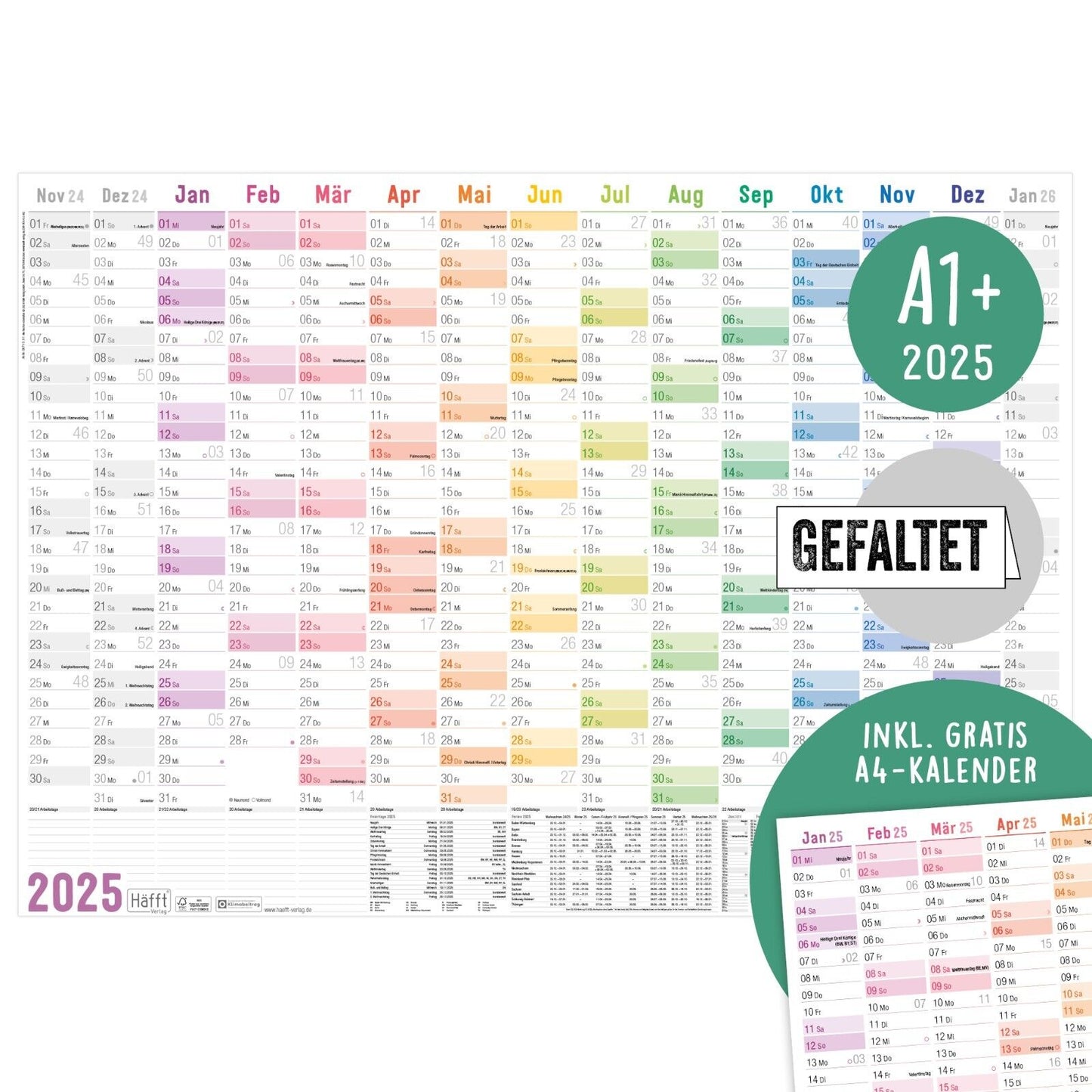 Wandkalender 2025 A1+/ Rainbow / gefalzt mit Extra A4-Übersicht  / Häfft-Verlag