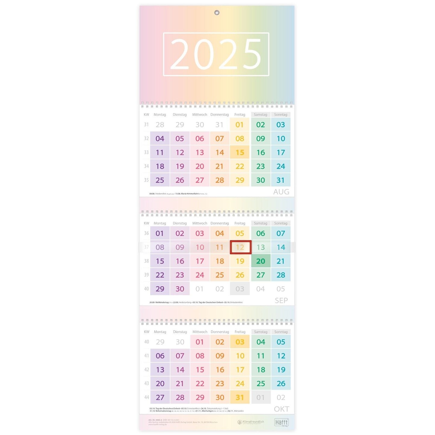 Drei-Monatskalender 2025 / Wand-Kalender / 12 Monate / Rainbow / Häfft-Verlag