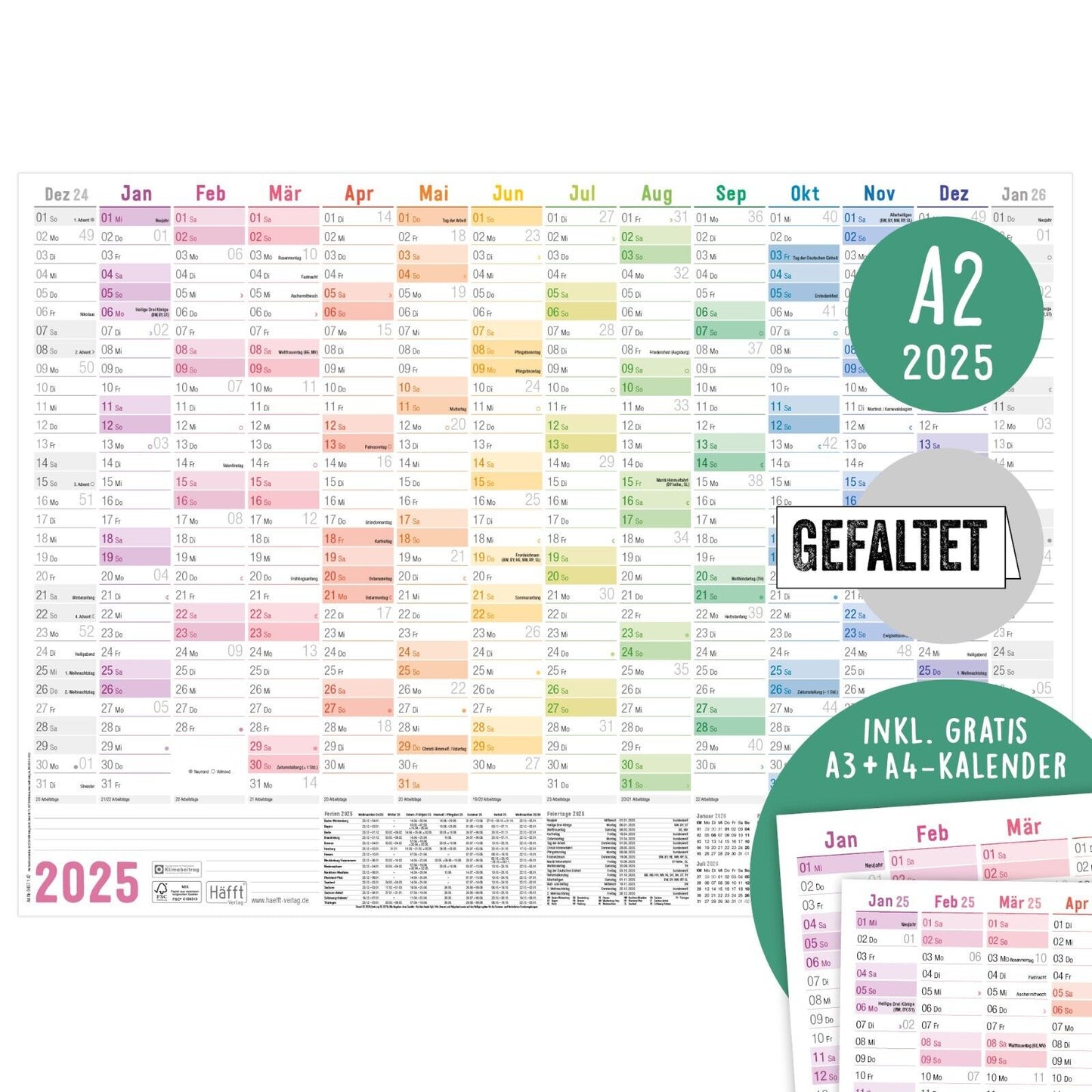 Wandkalender 2025 / A2 / Rainbow / mit Extra A3 + A4-Übersicht / Häfft-Verlag