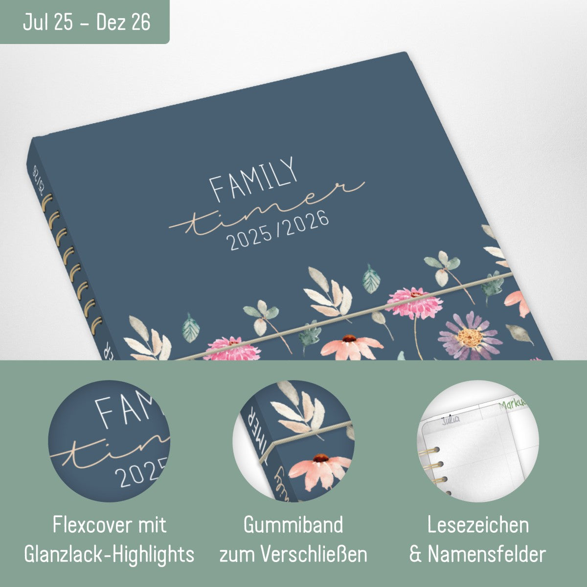 Family-Timer 2025/2026 / 18 Monate / Flying Flowers / Häfft Verlag