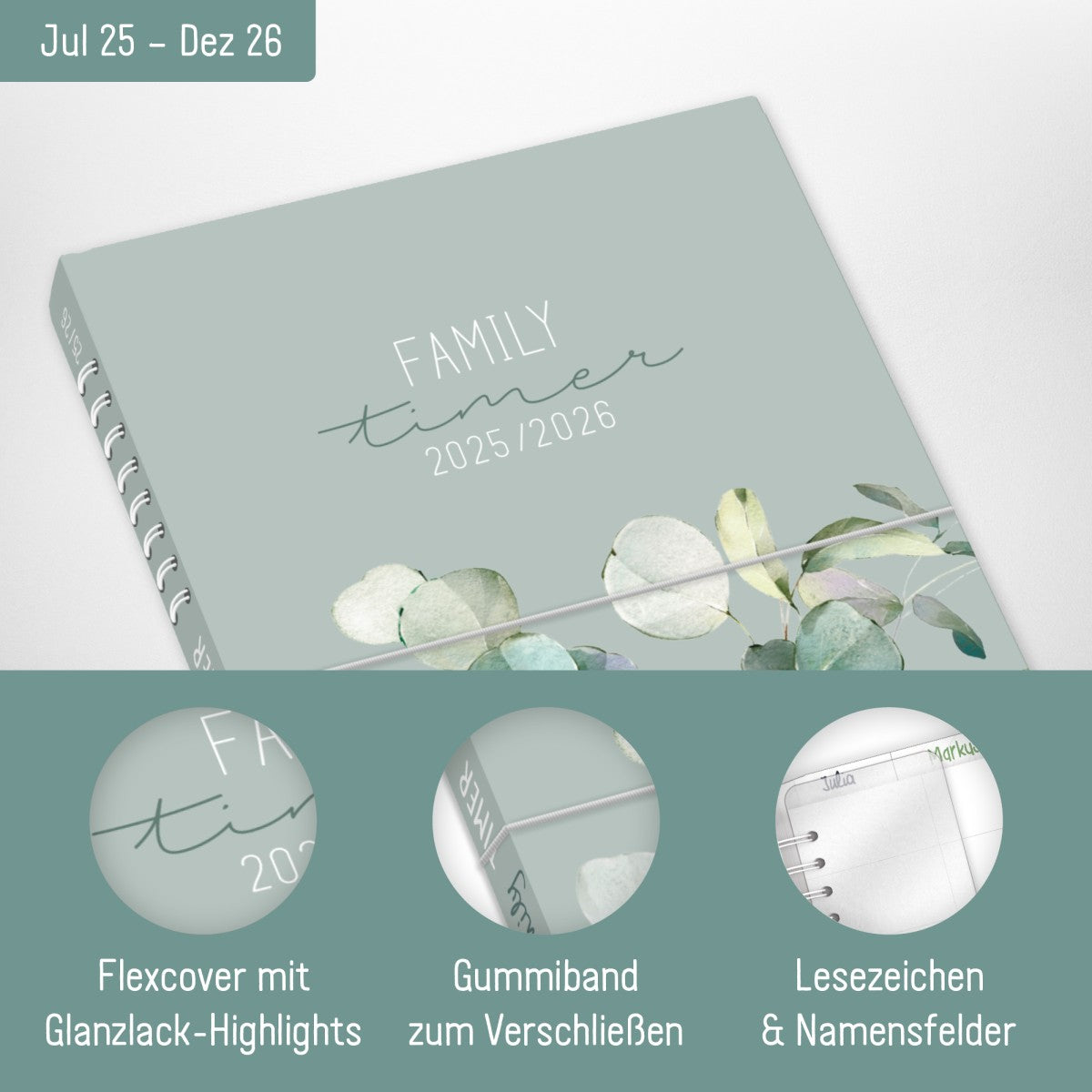 Family-Timer 2025/2026 / 18 Monate / Minty Leaves / Häfft Verlag