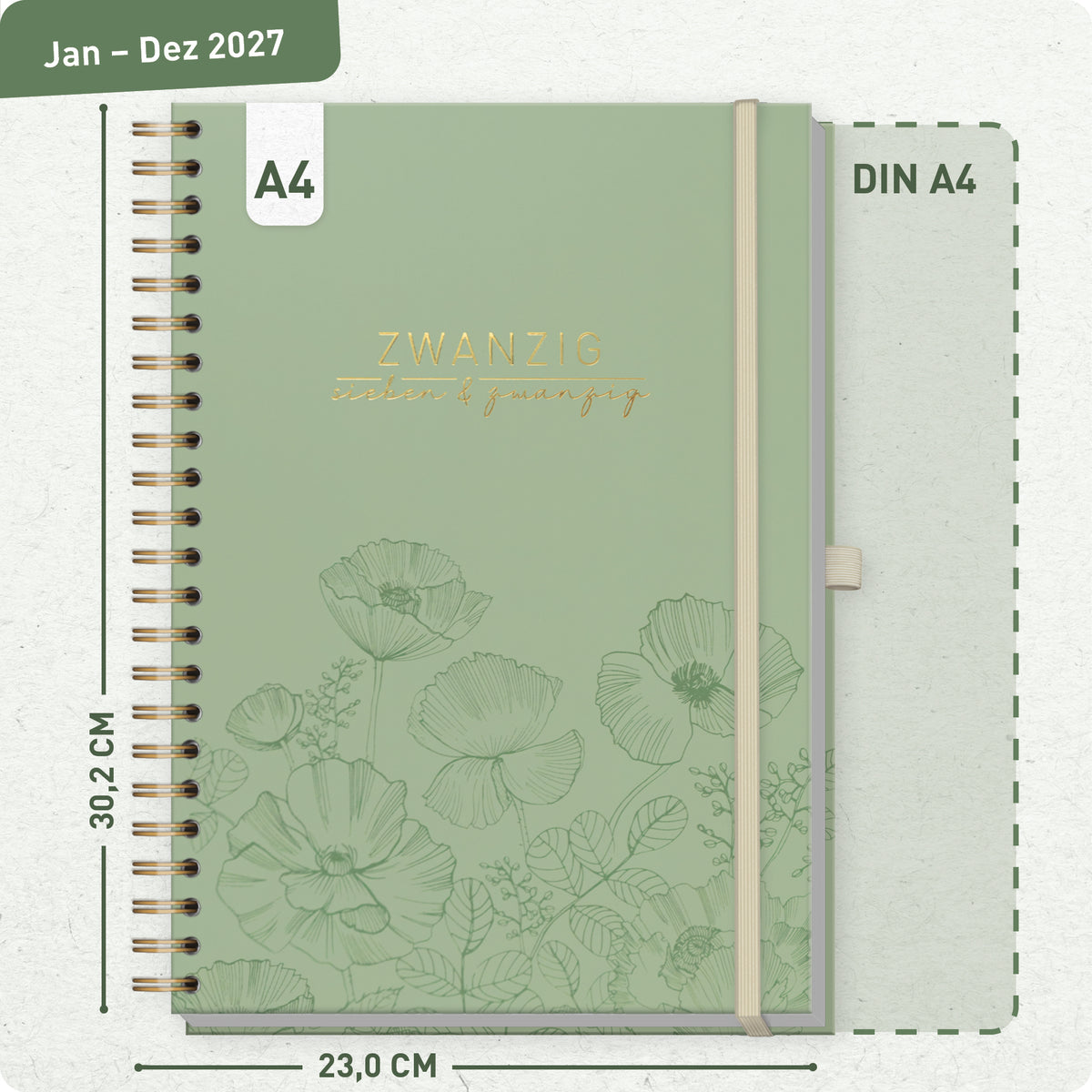 Format- und Größenansicht von Häfft Business-Timer Kalender 2027 A4 - Planer im Motiv „Green Poppy“.
