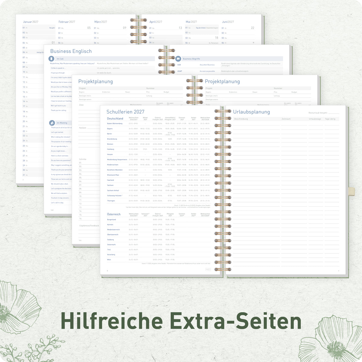 Zusatzseiten von Häfft Business-Timer Kalender 2027 A4 - Planer im Motiv „Green Poppy“.