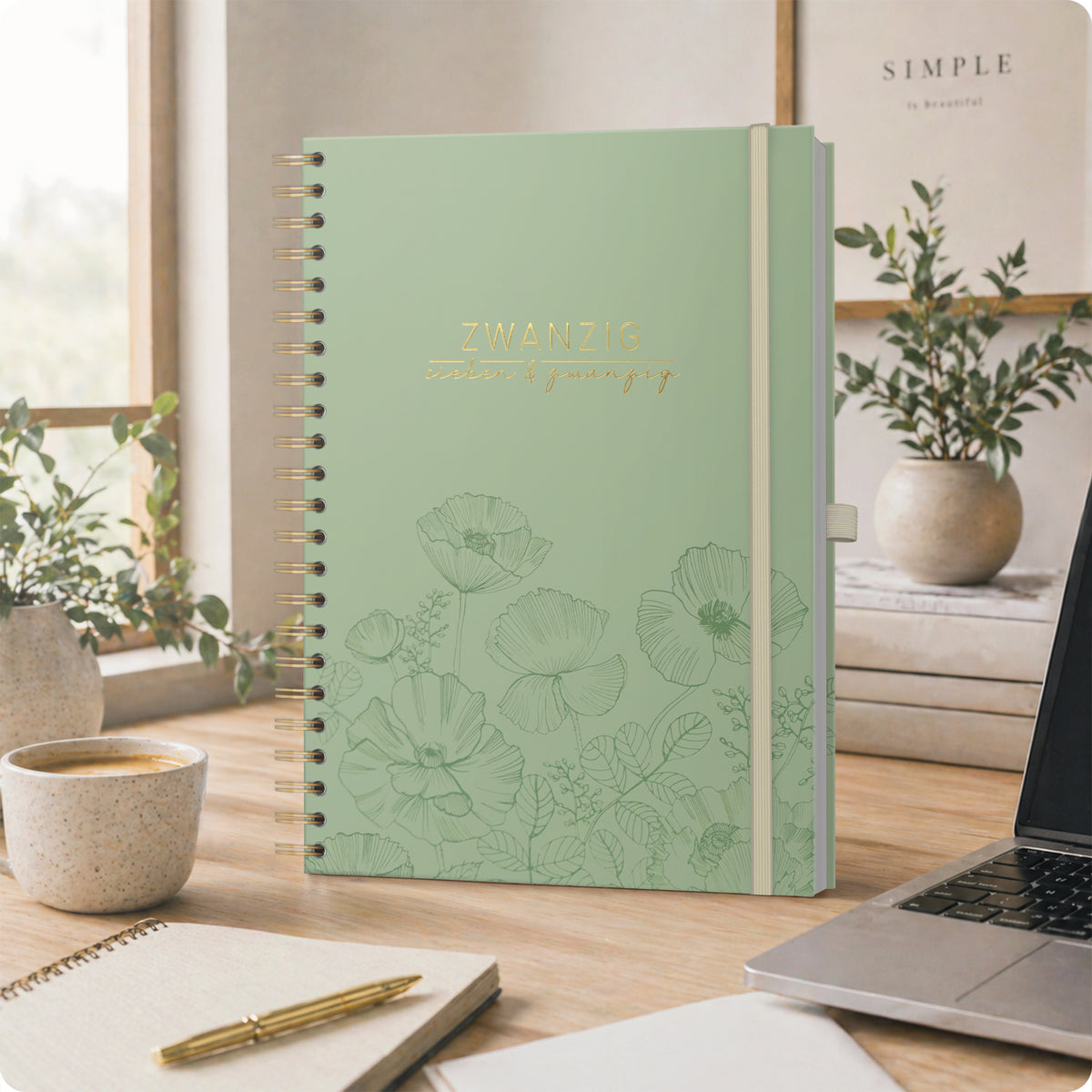 Lifestyle-Ansicht von Häfft Business-Timer Kalender 2027 A4 - Planer im Motiv „Green Poppy“ im Einsatz.