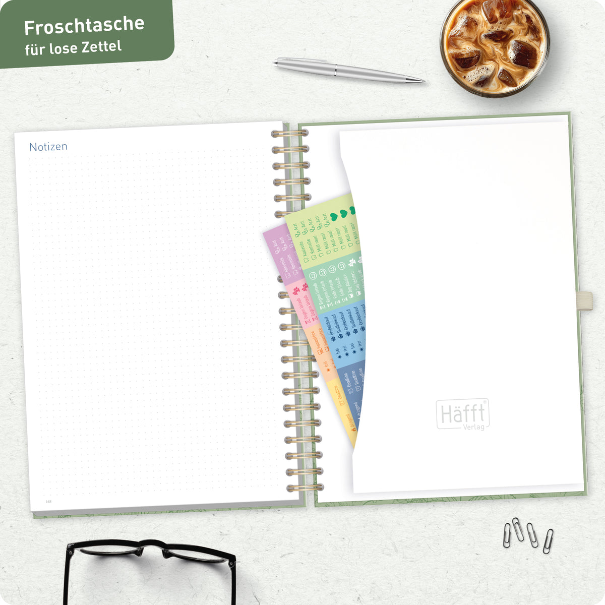 Einstecktasche & Sticker von Häfft Business-Timer Kalender 2027 A4 - Planer im Motiv „Green Poppy“.