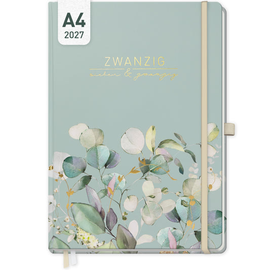 Coveransicht von Häfft Wochen-Notiz-Kalender 2027 A4 im Motiv „Minty Leaves“.