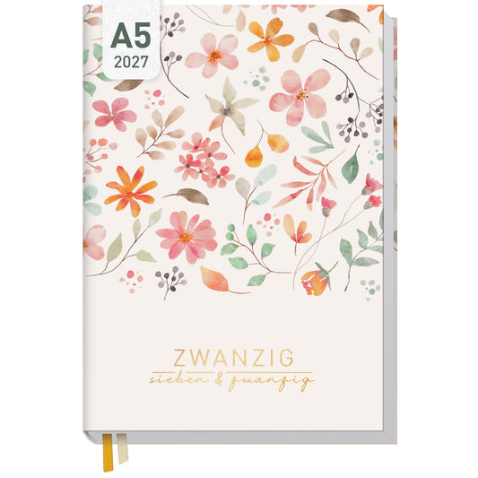 Coveransicht von Häfft Business-Timer Kalender 2027 A5 Wochenplaner im Motiv „Wild Blossoms“.