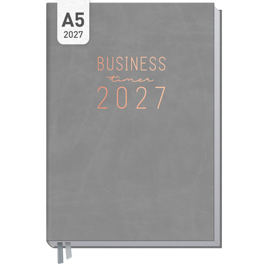 Coveransicht von Häfft Business-Timer Kalender 2027 A5 Wochenplaner im Motiv „Grau-Rosé“.