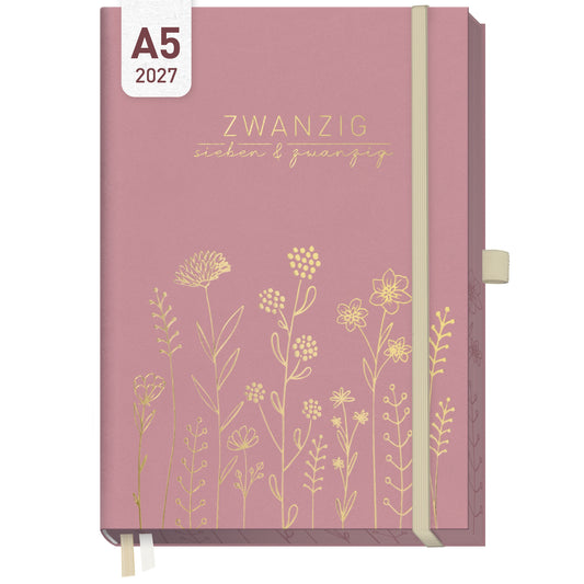 Coveransicht von Häfft Business-Timer Deluxe Kalender 2027 A5 im Motiv „Fine Flowers rosé“.