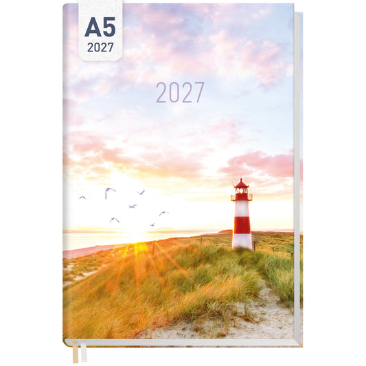 Coveransicht von Häfft Chäff-Timer Classic 2027 A5 Terminkalender im Motiv „Leuchtturm“.