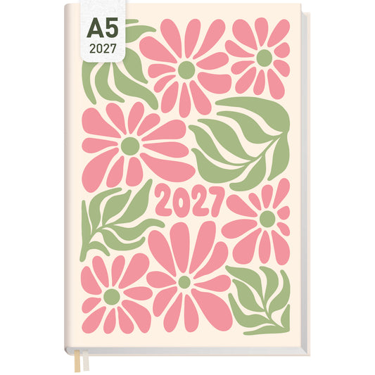 Coveransicht von Häfft Chäff-Timer Classic 2027 A5 Terminkalender im Motiv „Flower Power pink“.