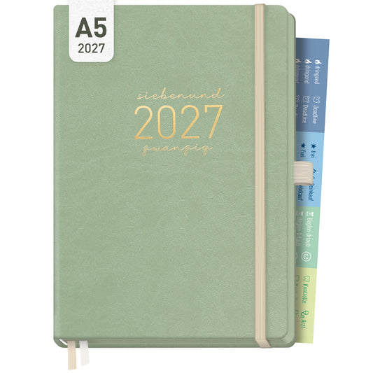 Coveransicht von Häfft Chäff-Timer Deluxe Kalender 2027 A5 Wochenplaner im Motiv „Salbei“.