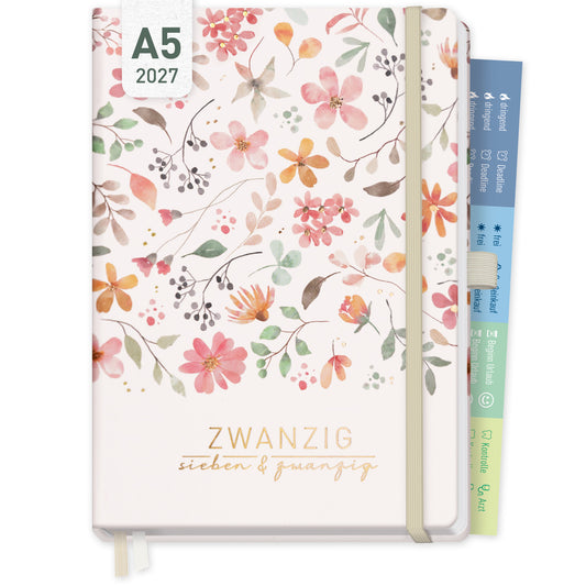 Coveransicht von Häfft Chäff-Timer Premium Kalender 2027 A5 im Motiv „Wild Blossoms“.