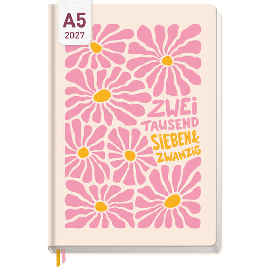 Coveransicht von Häfft-Timer Terminkalender 2027 A5 für junge Erwachsene im Motiv „Pink Flowers“.