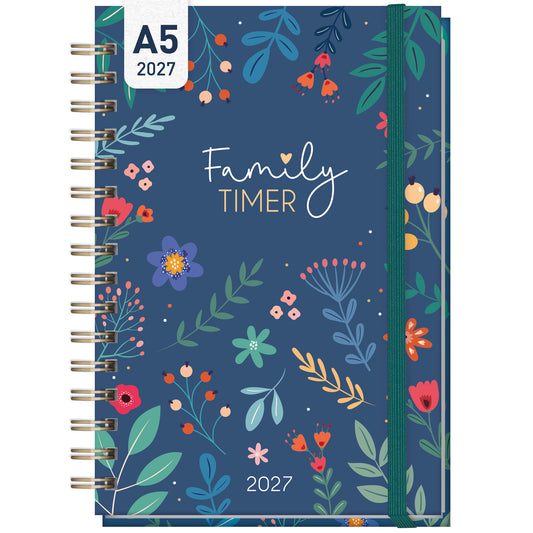 Coveransicht von Häfft Family-Timer Familienkalender 2027 für 4 Personen im Motiv „Color Flowers“.