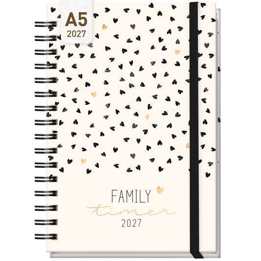 Coveransicht von Häfft Family-Timer Familienkalender 2027 für 4 Personen im Motiv „Golden Hearts“.