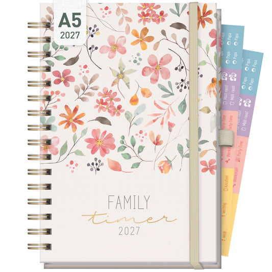 Coveransicht von Häfft Family-Timer Deluxe Familienkalender 2027 im Motiv „Wild Blossoms“.