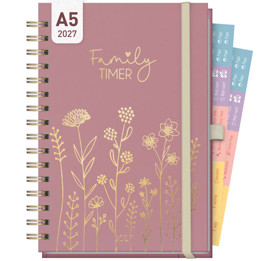 Coveransicht von Häfft Family-Timer Deluxe Familienkalender 2027 im Motiv „Fine Flowers rosé“.