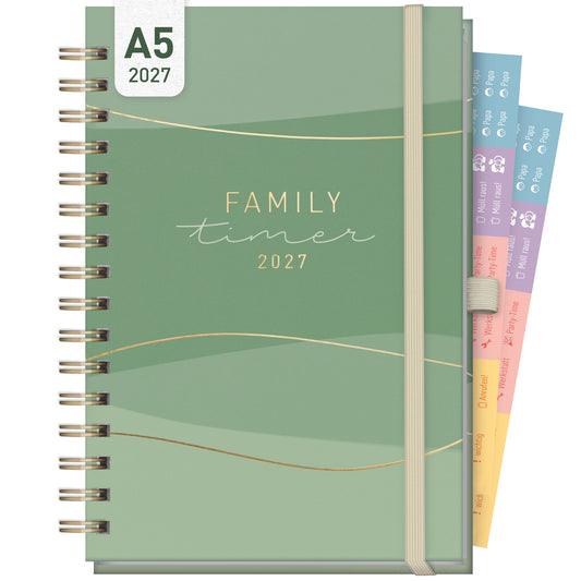 Coveransicht von Häfft Family-Timer Deluxe Familienkalender 2027 im Motiv „Green Waves“.