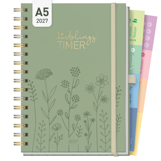 Coveransicht von Häfft Lieblings-Timer Deluxe Ringbuch-Kalender 2027 A5 im Motiv „Fine Flowers“.
