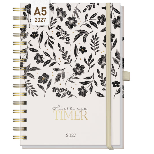 Coveransicht von Häfft Lieblings-Timer Deluxe Ringbuch-Kalender 2027 A5 im Motiv „Black Flower“.