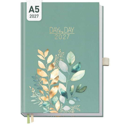 Coveransicht von Häfft Organizer Day by Day Tagesplaner 2027 A5 im Motiv „Shiny Leaves“.