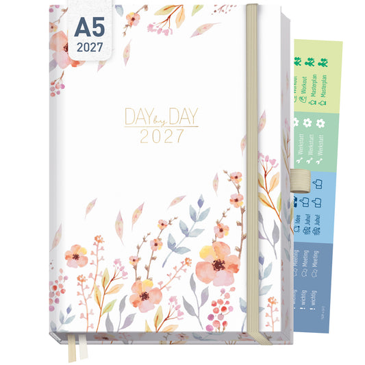 Coveransicht von Häfft Tageskalender 2027 A5 - Organizer Day by Day Deluxe im Motiv „Sweet Flowers“.