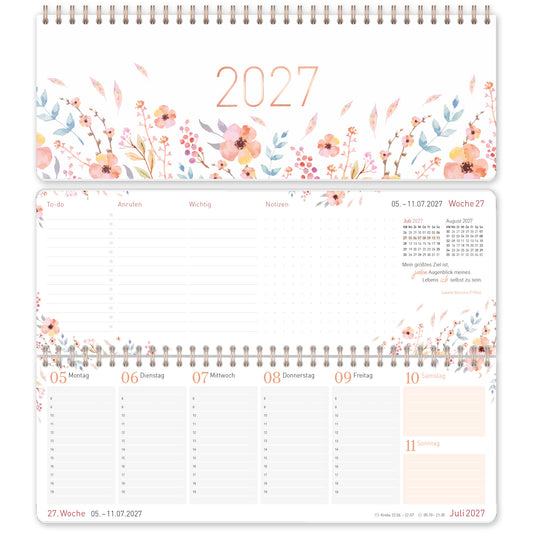 Coveransicht von Häfft Wochen-Tischkalender 2027 quer - für DE & AT im Motiv „Sweet Flowers“.