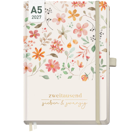 Coveransicht von Häfft Wochen-Notiz-Kalender 2027 A5 - Planer & Notizbuch im Motiv „Wild Blossoms“.