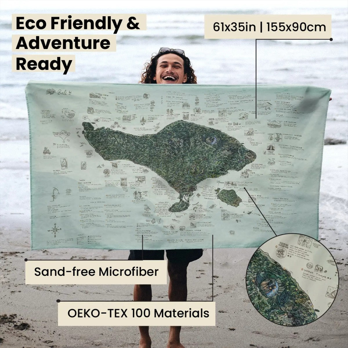 Awesome Maps Strandtuch / Badetuch "Bali Green Topography" (155x90cm)