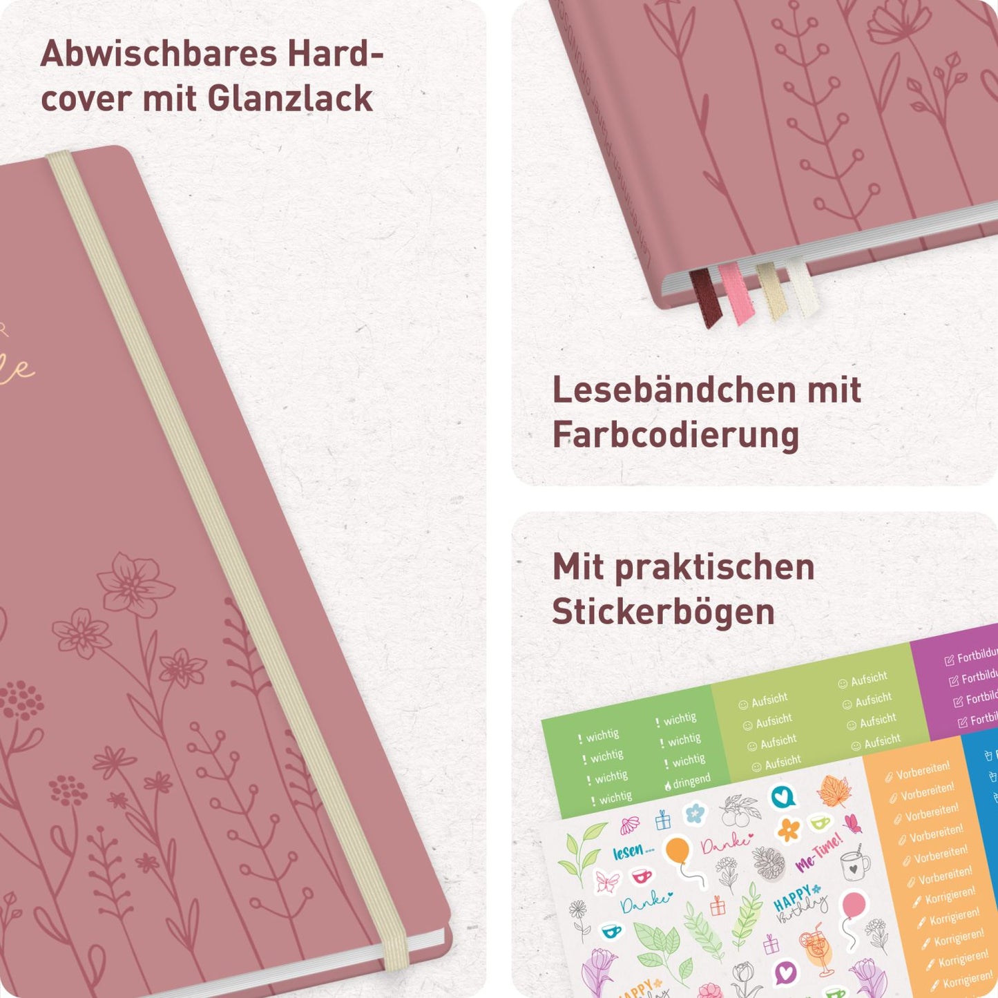 Häfft Lehrer-Planer Grundschule Maxi 2026/2027 / A4+ / Fine Flowers rosé