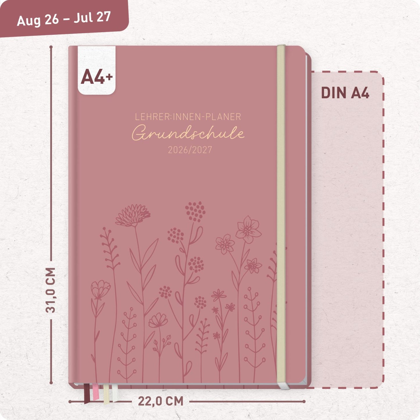 Häfft Lehrer-Planer Grundschule Maxi 2026/2027 / A4+ / Fine Flowers rosé