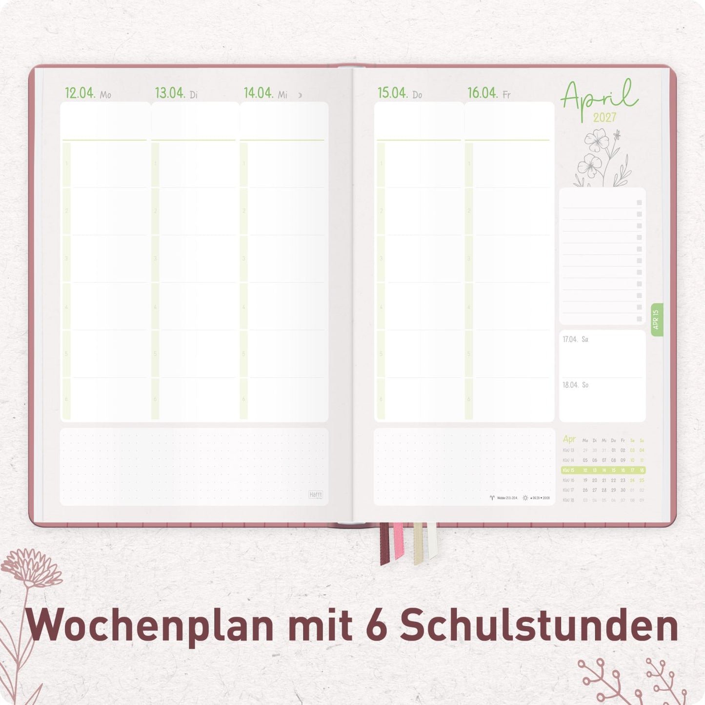 Häfft Lehrer-Planer Grundschule Maxi 2026/2027 / A4+ / Fine Flowers rosé