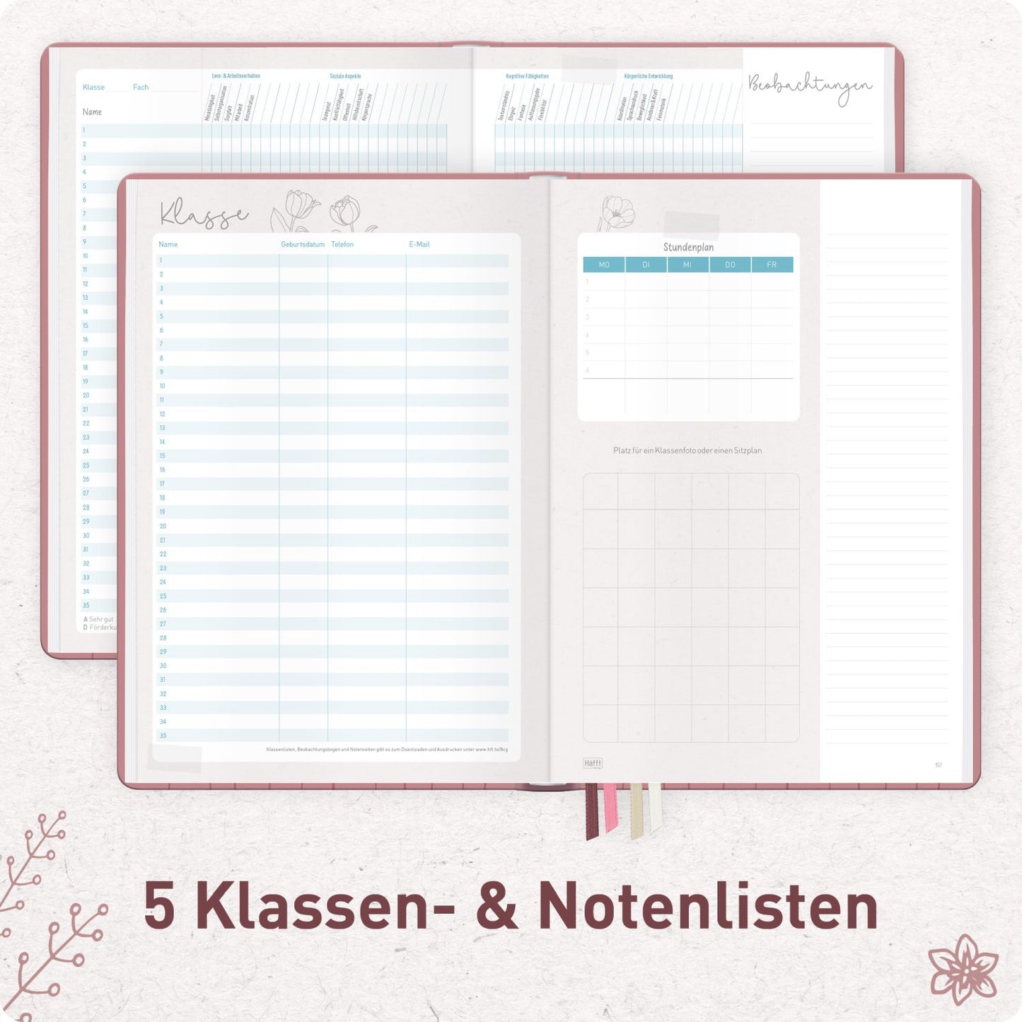 Häfft Lehrer-Planer Grundschule Maxi 2026/2027 / A4+ / Fine Flowers rosé