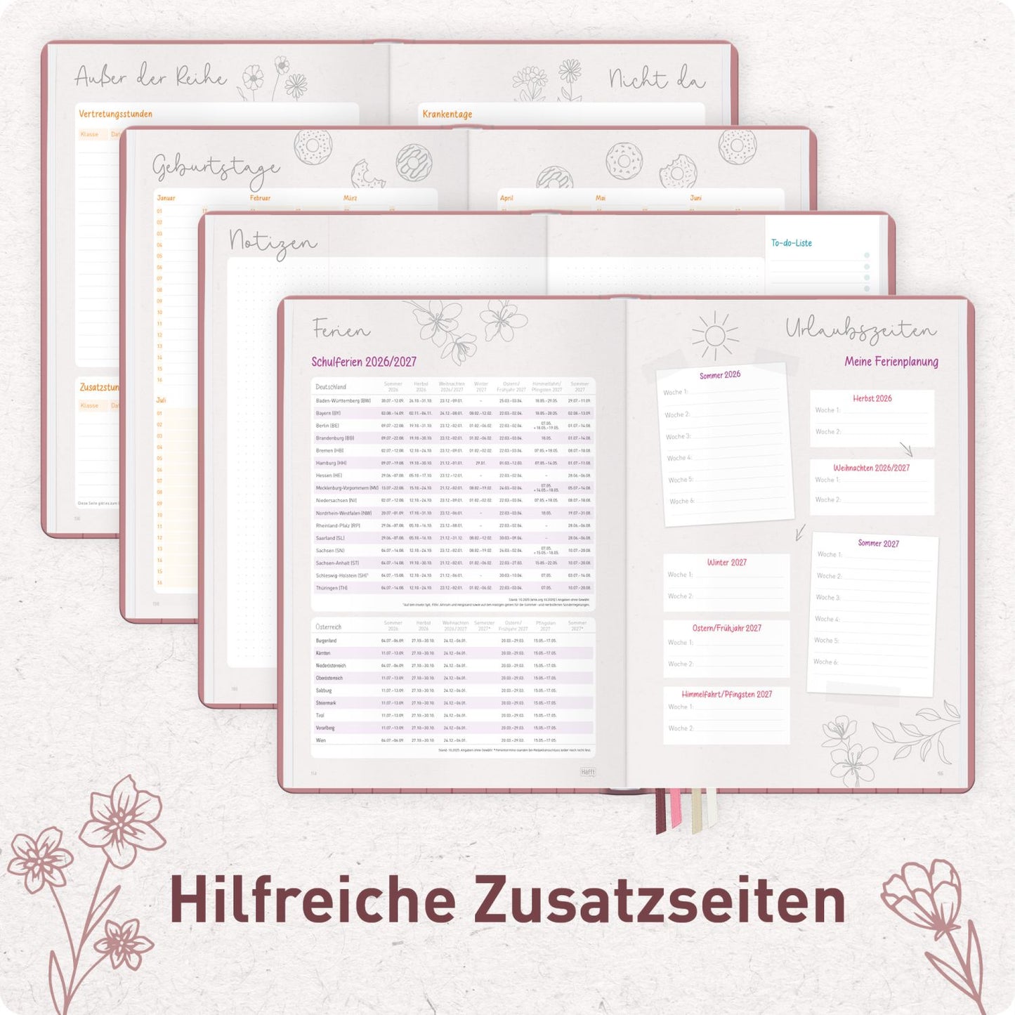 Häfft Lehrer-Planer Grundschule Maxi 2026/2027 / A4+ / Fine Flowers rosé