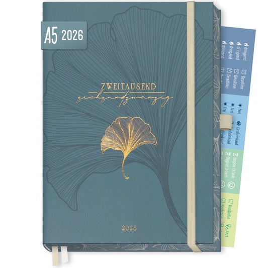 Business-Timer Deluxe 2026 / A5 / Blue Ginkgo / Häfft-Verlag