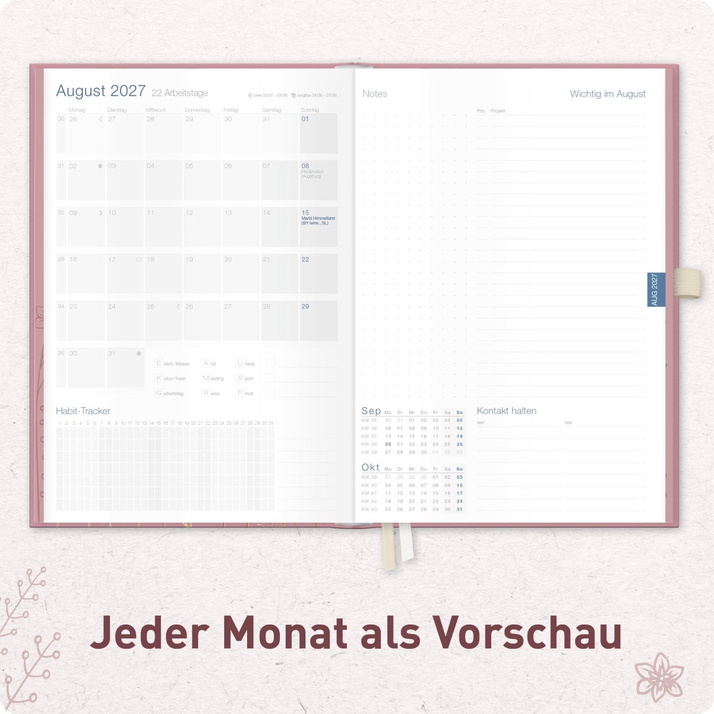 Business-Timer Deluxe 2026/2027 / 17 Monate / A5 / Fine Flowers Rosé / Häfft-Verlag
