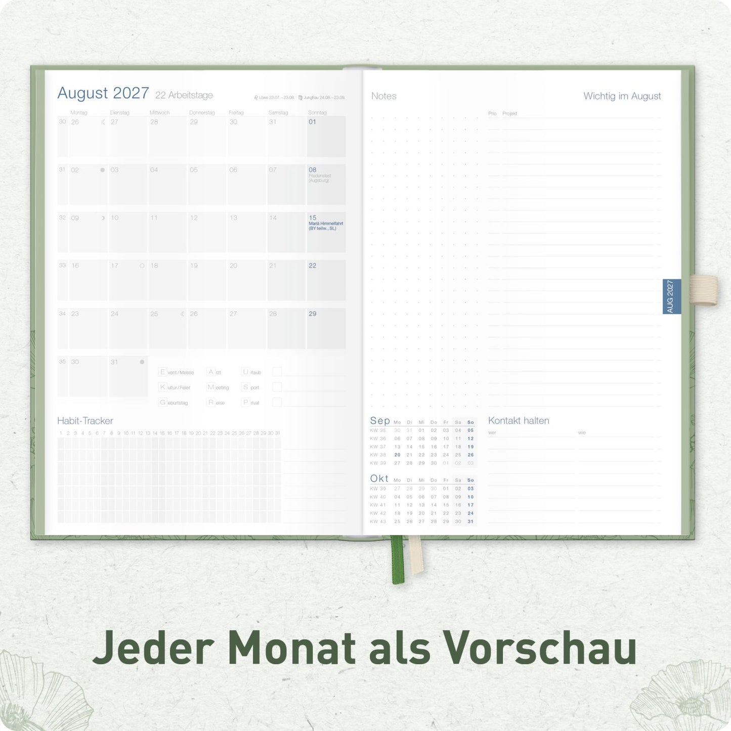 Business-Timer Deluxe 2026/2027 / 17 Monate / A5 / Green Poppy / Häfft-Verlag