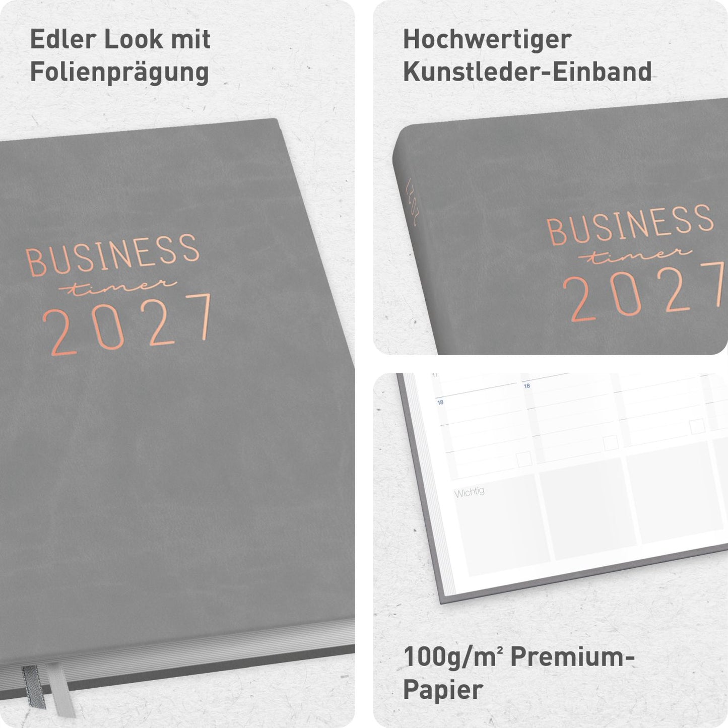 Business-Timer 2026/2027 / 17 Monate / A5 / Grau-Rosé / Häfft-Verlag