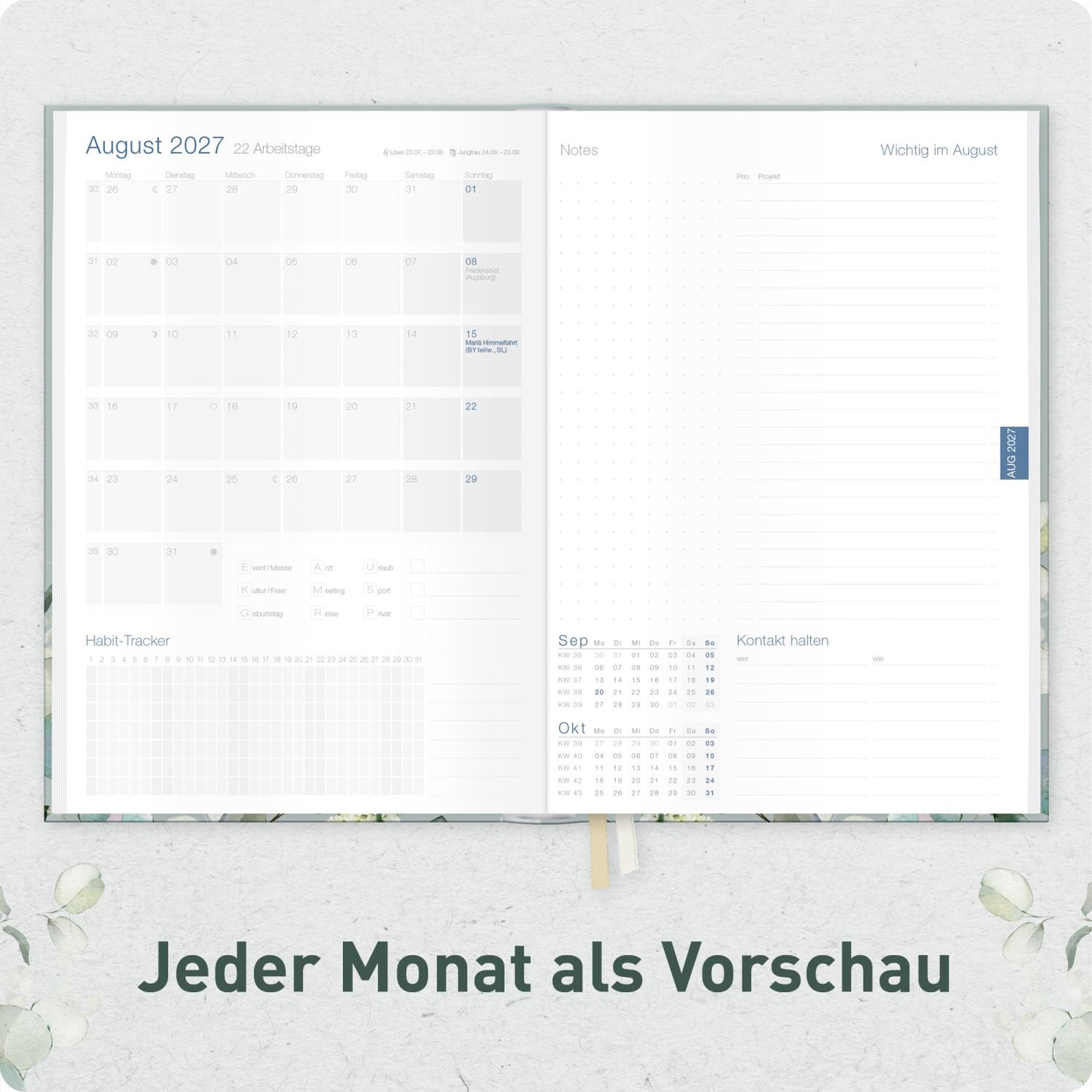 Business-Timer 2026/2027 / 17 Monate / A5 / Minty Leaves / Häfft-Verlag