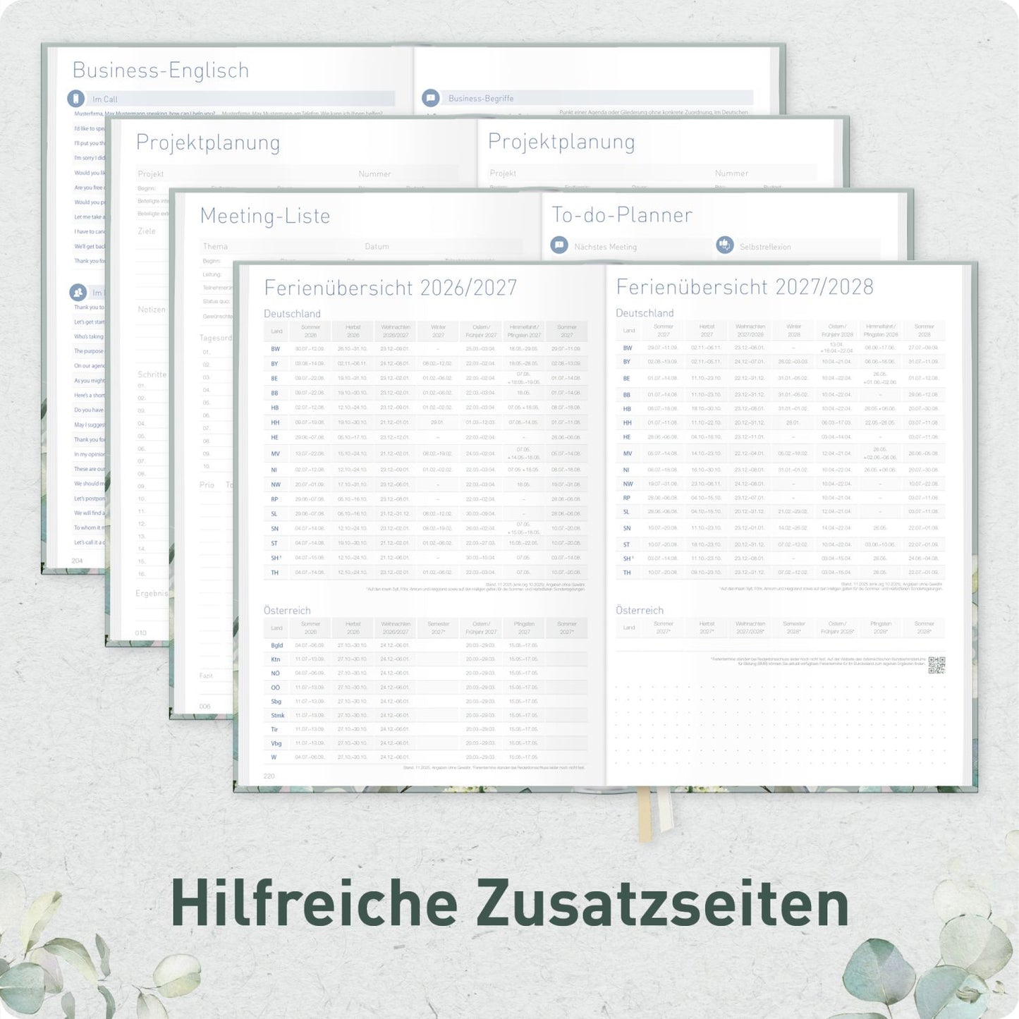 Business-Timer 2026/2027 / 17 Monate / A5 / Minty Leaves / Häfft-Verlag