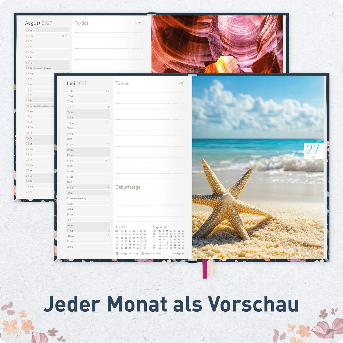 Chäff-Timer 2026/2027 / 17 Monate / A5 / Flower Inspiration blue / Häfft-Verlag
