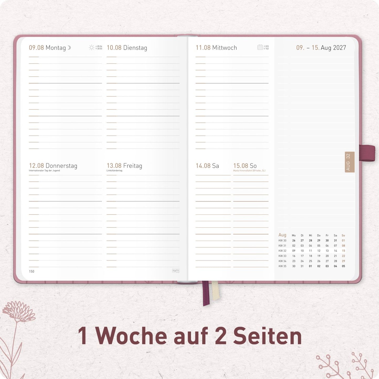 Chäff-Timer Premium 2026/2027 / 17 Monate / A5 / Fine Flowers rosé / KL / Häfft-Verlag
