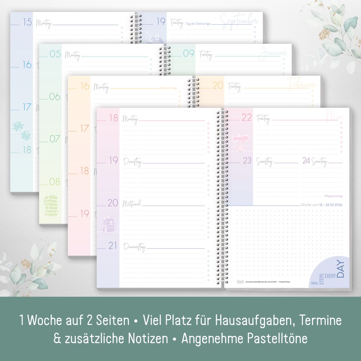 College-Timer Deluxe 2025/2026 / Schülerkalender / A5 / Minty Leaves / Häfft-Verlag