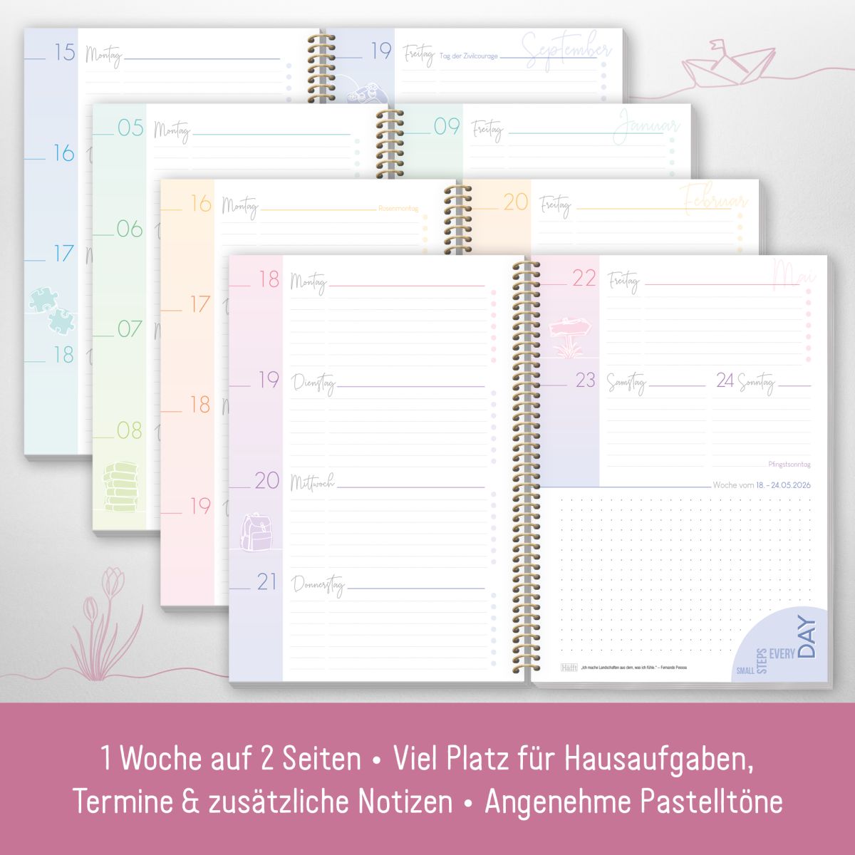 Häfft College-Timer 2025/2026  / Schülerkalender / A5 / Flower Power